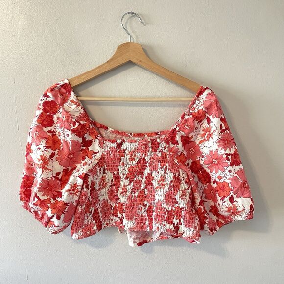 NWT Lucky Brand Linen Blend Floral Smocked Balloon Sleeve Top Sz M - Picture 2 of 10